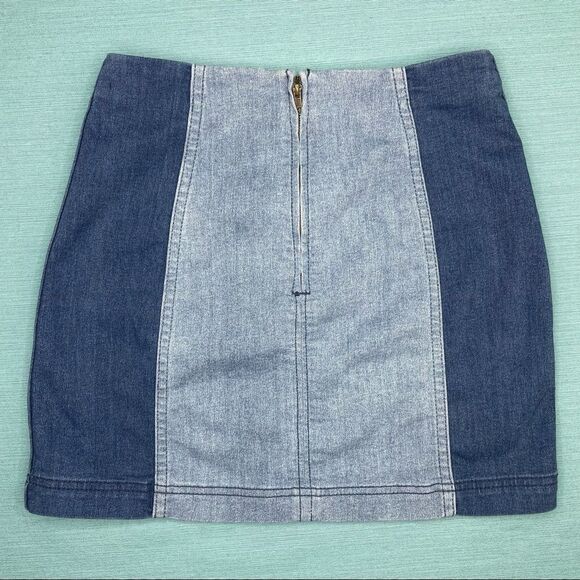 FREE PEOPLE Modern Femme Skirt Colorblock Mini Denim Jean Two Tone Block Size 4 - Picture 6 of 11